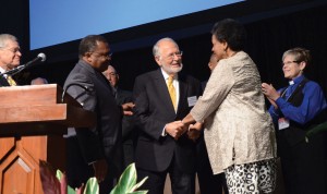 Photo by Greg  Campbell. (L to R) the Rev. Keith Tonkel, Rev. Tim Thompson, Rev. Maxie Dunnam, Myrlie Evers, and Rev. Kathy Price.